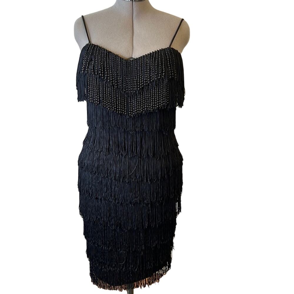 Vintage 1990s Dress formal New Leaf by Samir black fringe flapper style dress